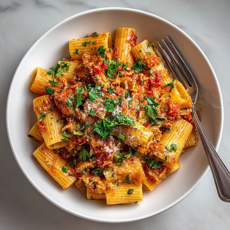 A bowl of pasta with meat and cheese.