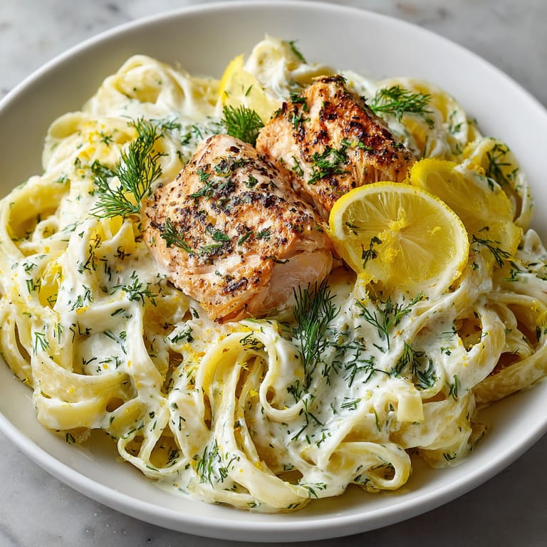 A bowl of pasta with chicken and lemon wedges.