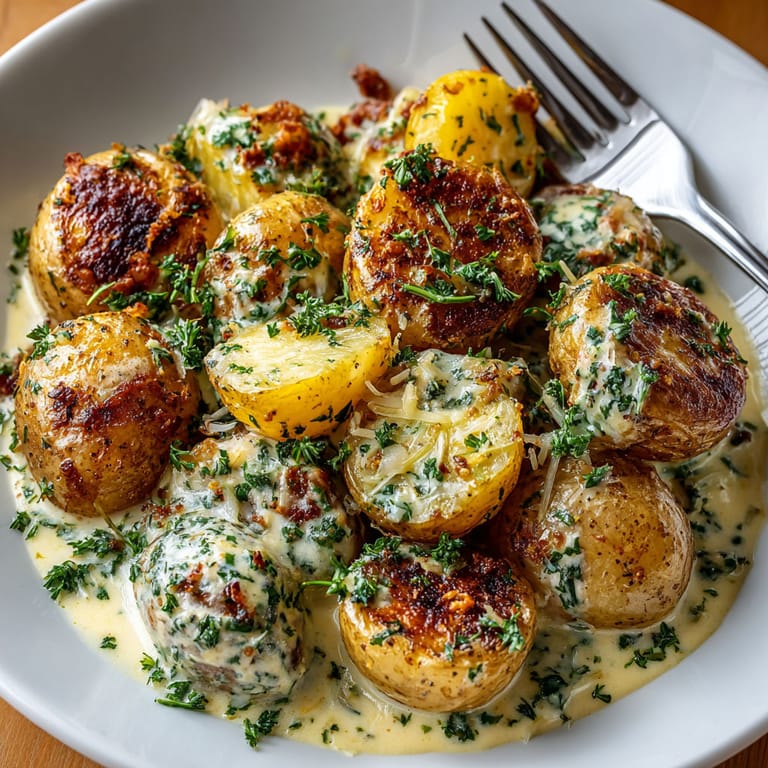 A plate of food with potatoes and sauce.