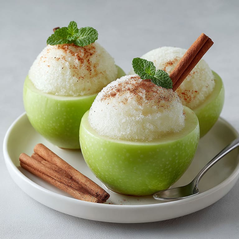 Two green apples with white cream and mint leaves.