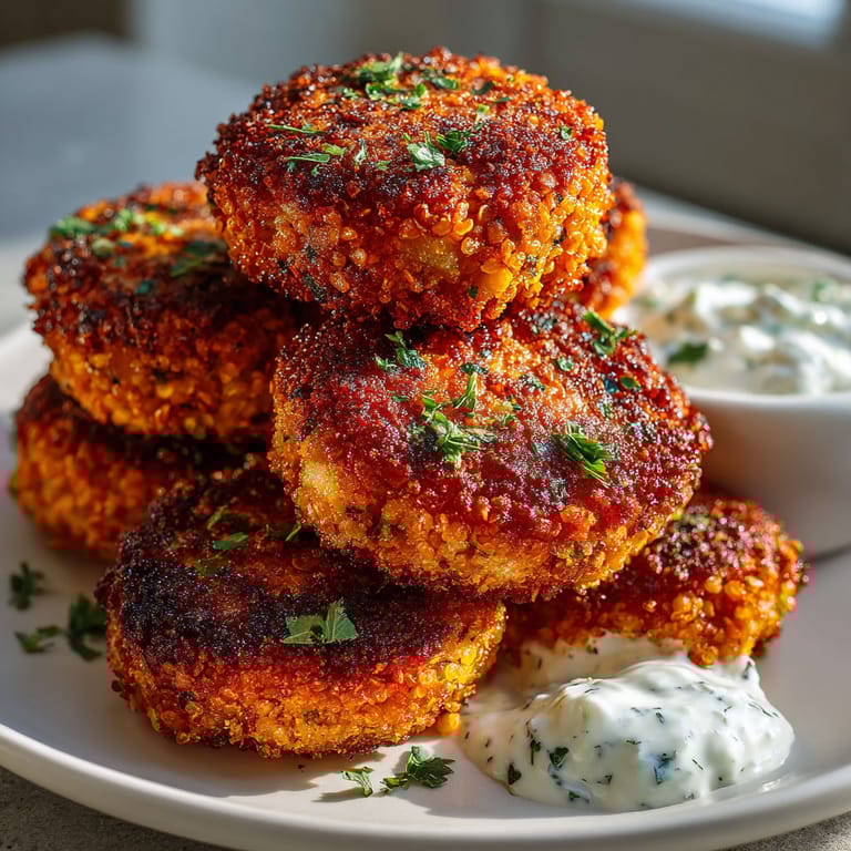 A plate of zucchini puffer with a white sauce.
