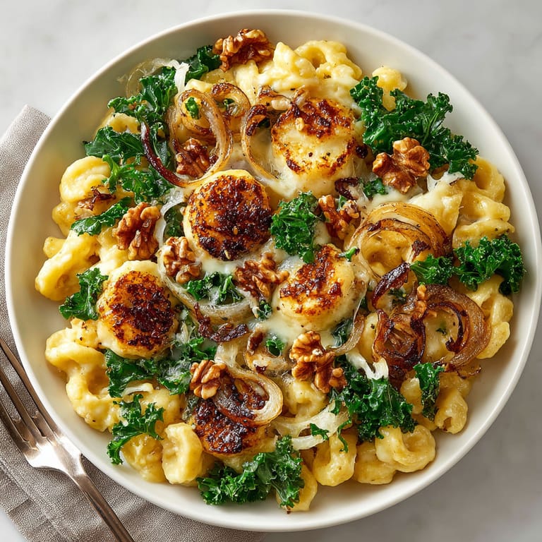 A bowl of macaroni and cheese with onions and broccoli.