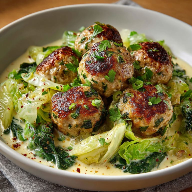 A bowl of food with meatballs and vegetables.