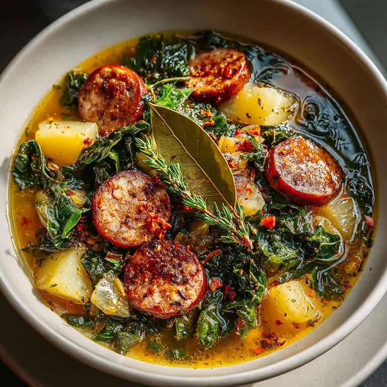 A bowl of soup with sausage, potatoes, and greens.