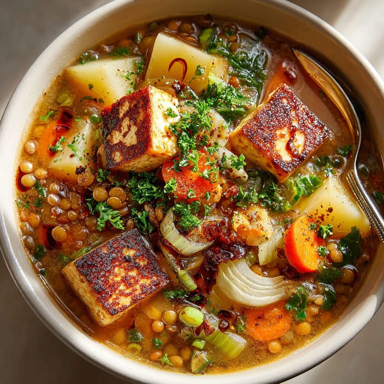 A bowl of soup with tofu and carrots.
