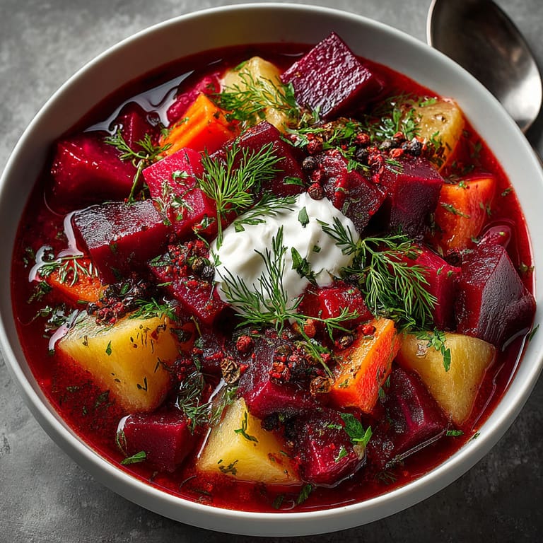 A bowl of soup with vegetables and a dollop of sour cream.