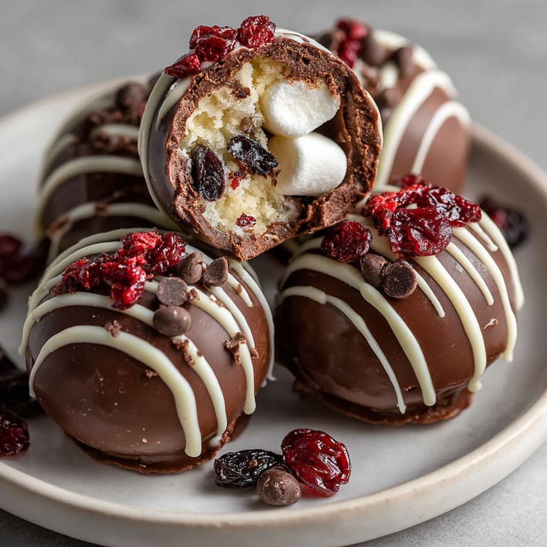 A plate of chocolate covered marshmallows.