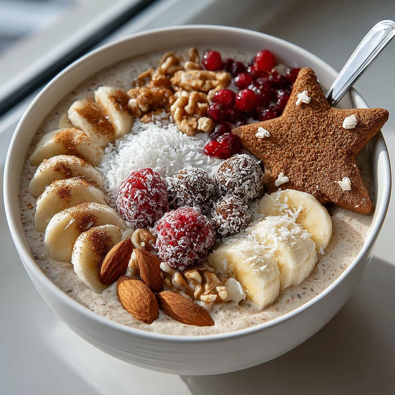A bowl of food with bananas, nuts, and other ingredients.