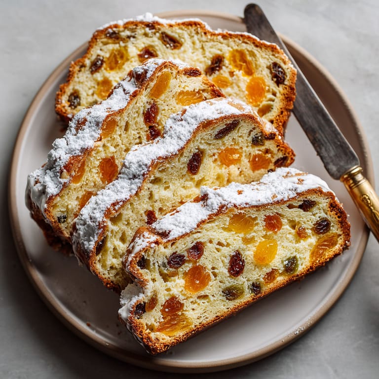 A slice of bread with white icing and raisins.