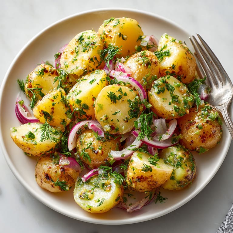 A bowl of potatoes with onions and herbs.