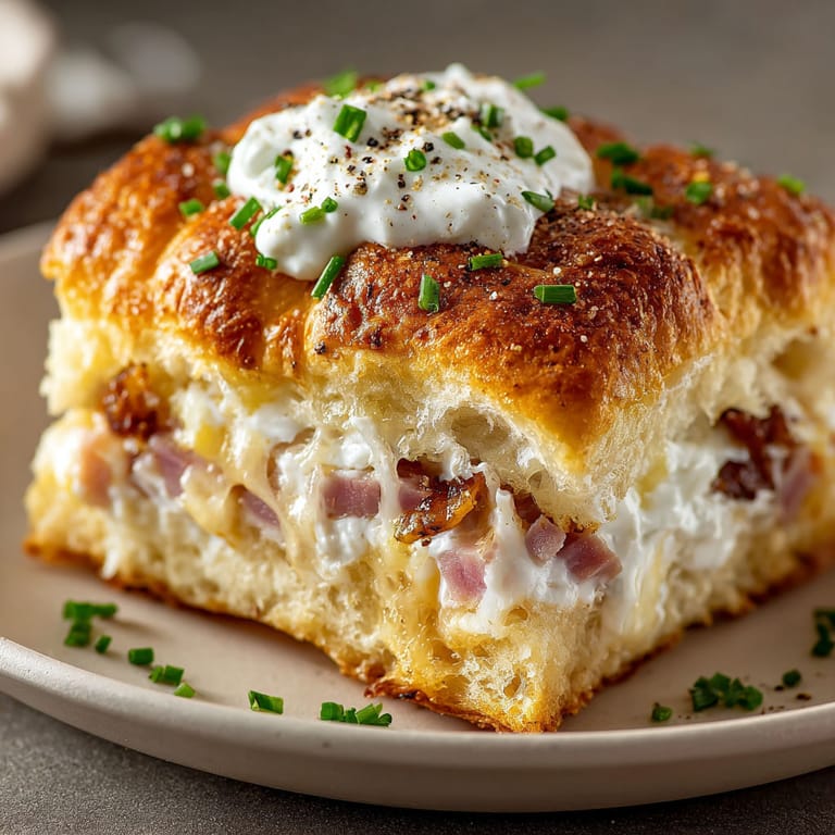 A pastry with white sauce and green herbs on top.