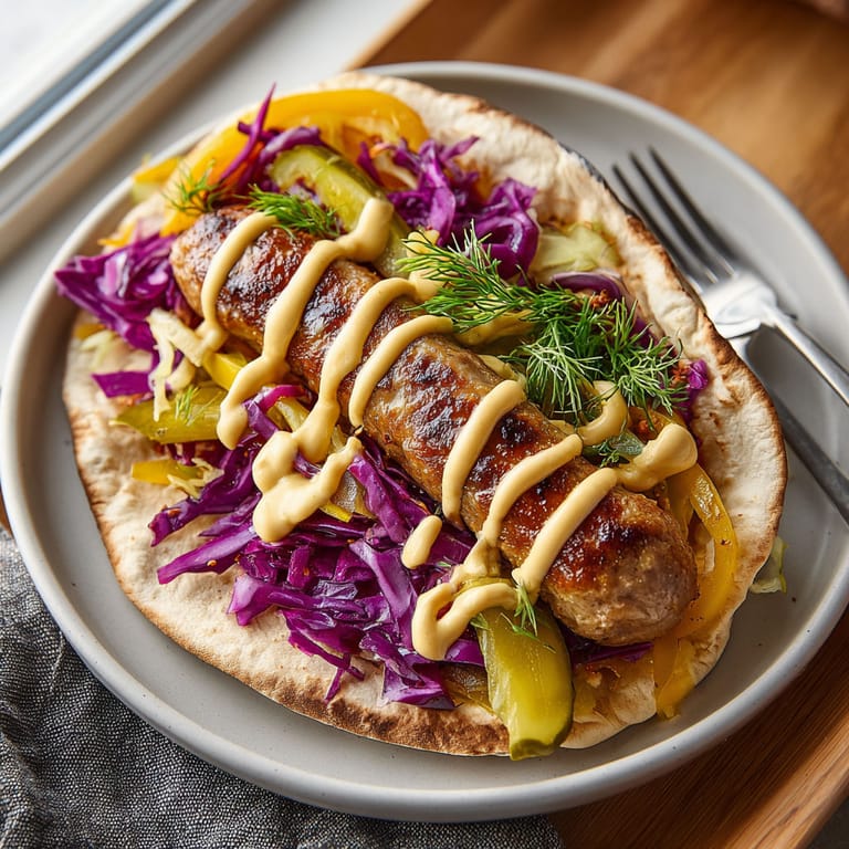 A plate of food with a sausage and vegetables.