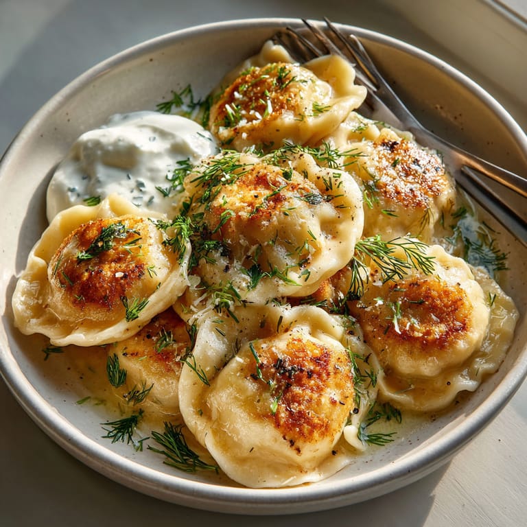 A bowl of pasta with sauce and herbs.