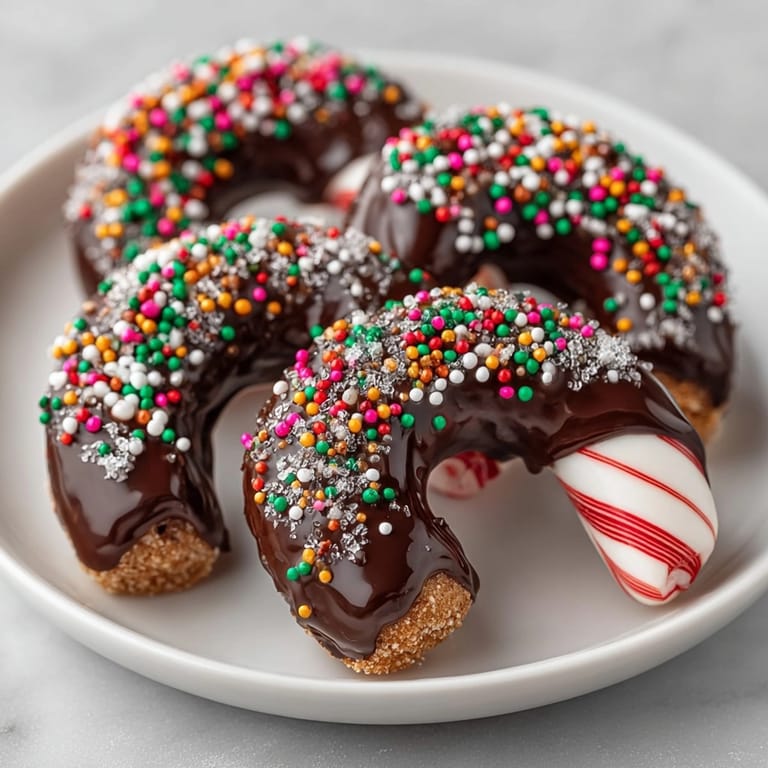 Hausgemachte Schokoladen-Candy-Canes auf einem Backblech, dekoriert mit bunten Streuseln, bereit zum Genießen.