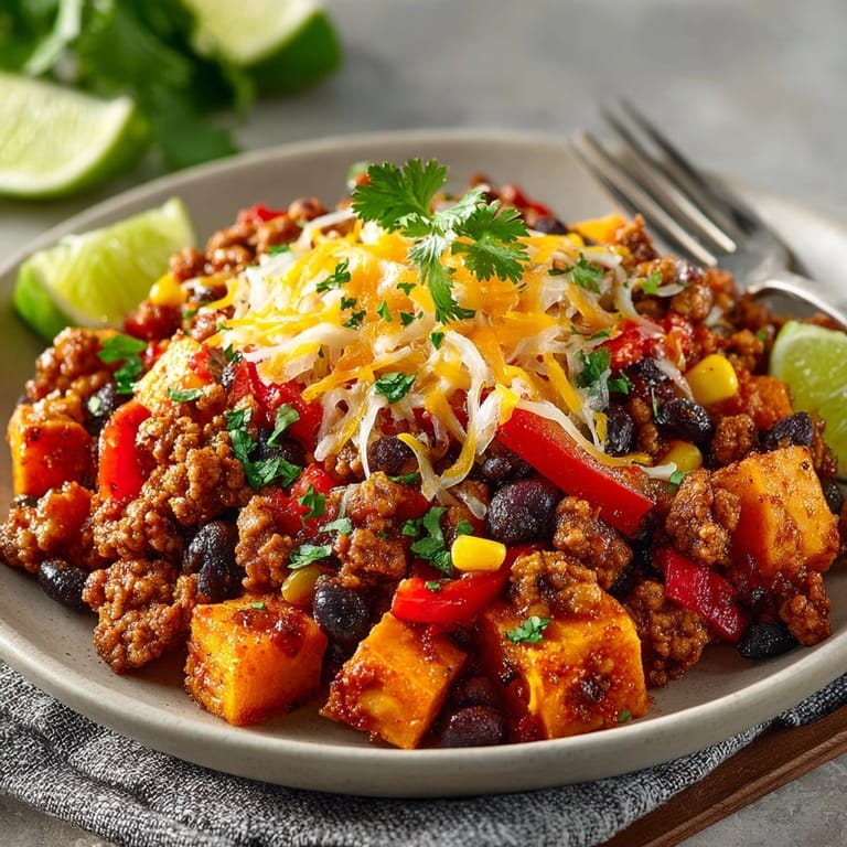 Nahaufnahme des Tex-Mex Truthahn-Süßkartoffel-Pfannengerichts mit bunten Paprika, Mais und goldbraunem Truthahn.