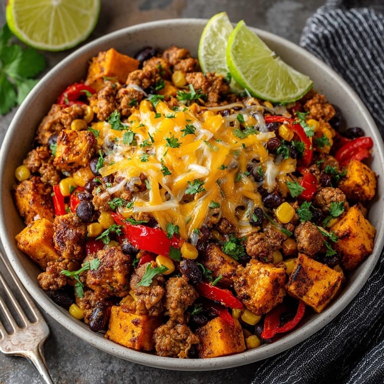 Würzig duftendes Tex-Mex Truthahn-Süßkartoffel-Pfannengericht köchelt in einer Pfanne, ein schnelles und gesundes Abendessen.