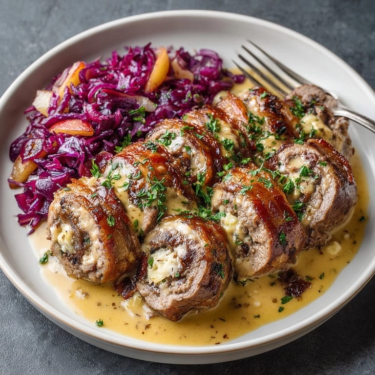 Rinderroulade mit Rotkohl: Imagine juicy beef roulades with finely shredded red cabbage, a comforting, classic dinner.