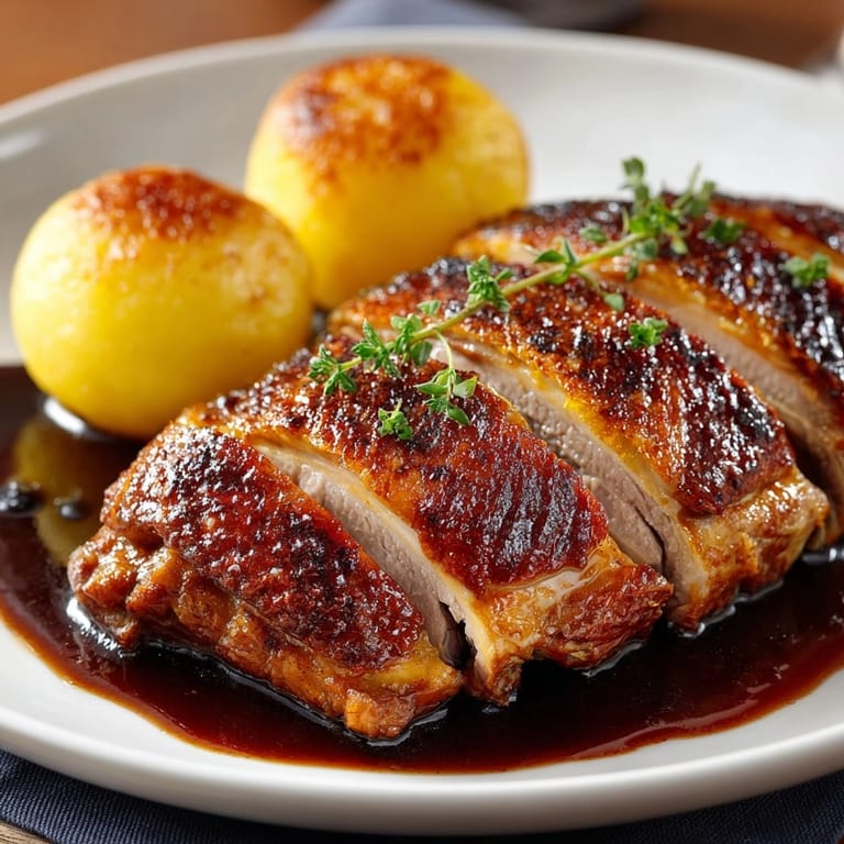 Traditioneller Gänsebraten mit Klößen, saftig und aromatisch, serviert mit reichhaltiger Soße.