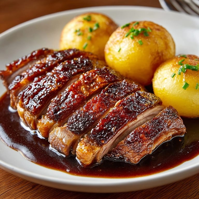 Hausgemachter Gänsebraten mit Klößen, ein deftiges, klassisches Familienessen mit Kartoffelknödeln.