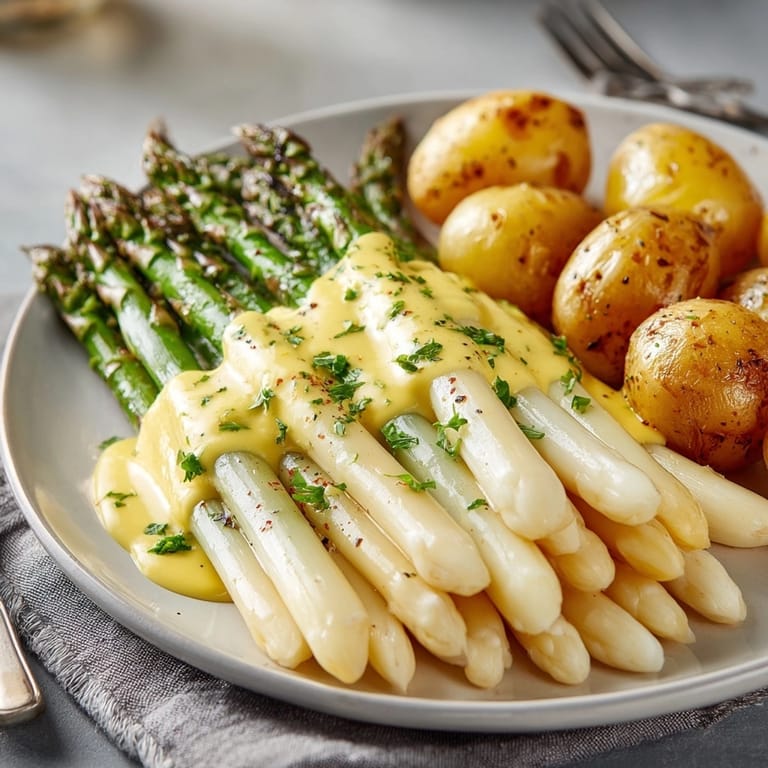 Deutscher Spargel mit neuen Kartoffeln und Sauce Hollandaise, ein cremiges, frühlingshaftes Festmahl.