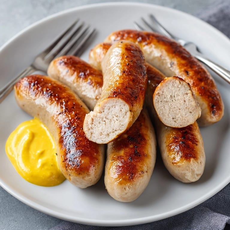 Saftige Weißwurst mit süßem Senf, ein bayerischer Klassiker: perfekt für ein deftiges Frühstück.