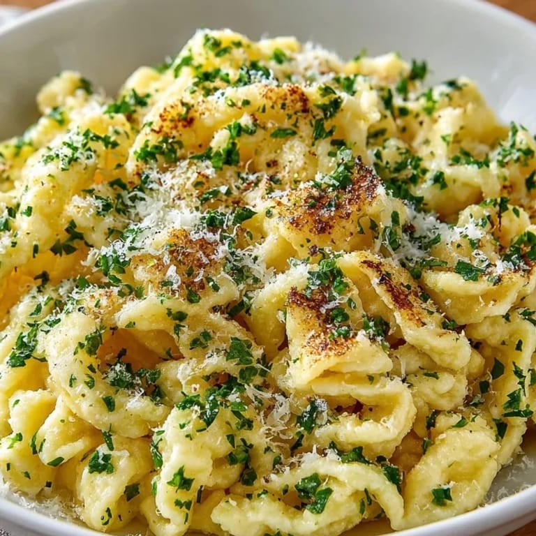 Frische Kräuterspätzle, mit Butter in der Pfanne geschwenkt, ein schnelles, vegetarisches Beilagengericht.