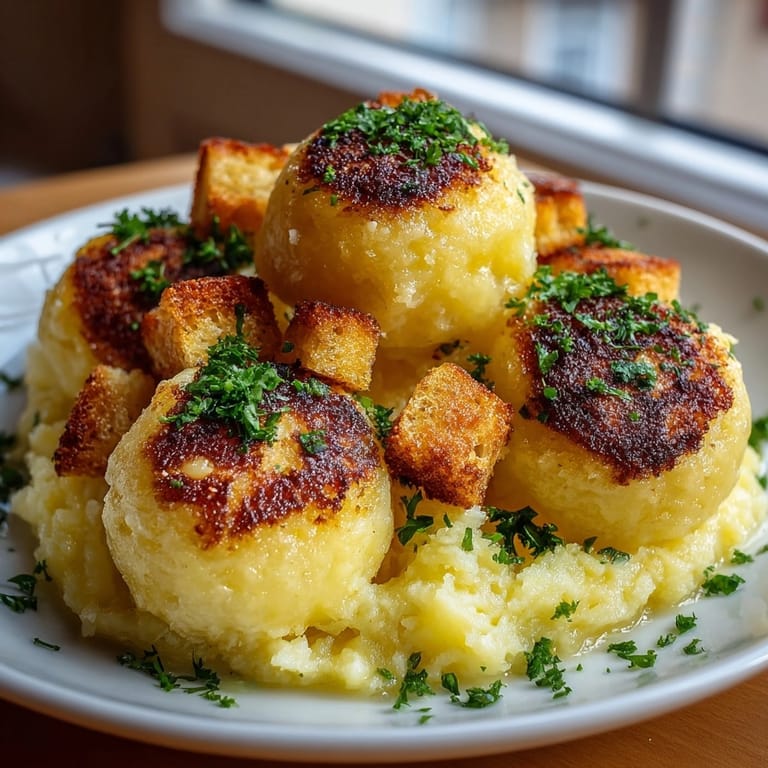 Nahaufnahme von dampfenden, zarten deutschen Kartoffelklößen, einer wohltuenden Beilage mit Petersilie.