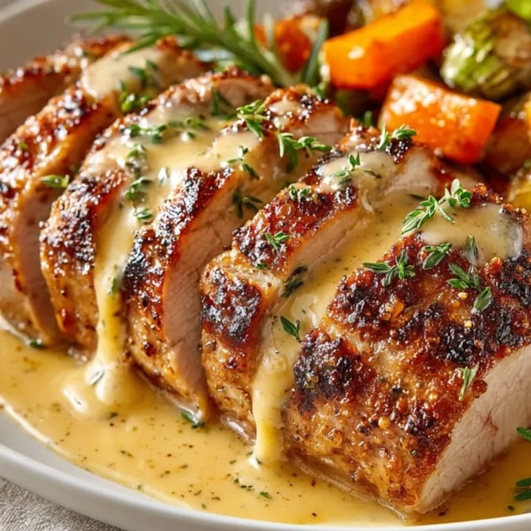 Ein köstlicher Schweinebraten mit Senfsauce, perfekt für ein Sonntagsessen mit Familie und Freunden.