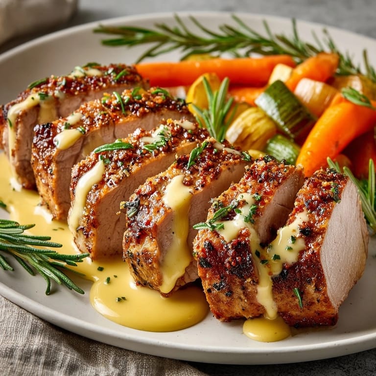 Hausgemachter Schweinebraten mit Senfsauce: ein herzhaftes Gericht mit zartem Schweinefleisch und pikanter Sauce.