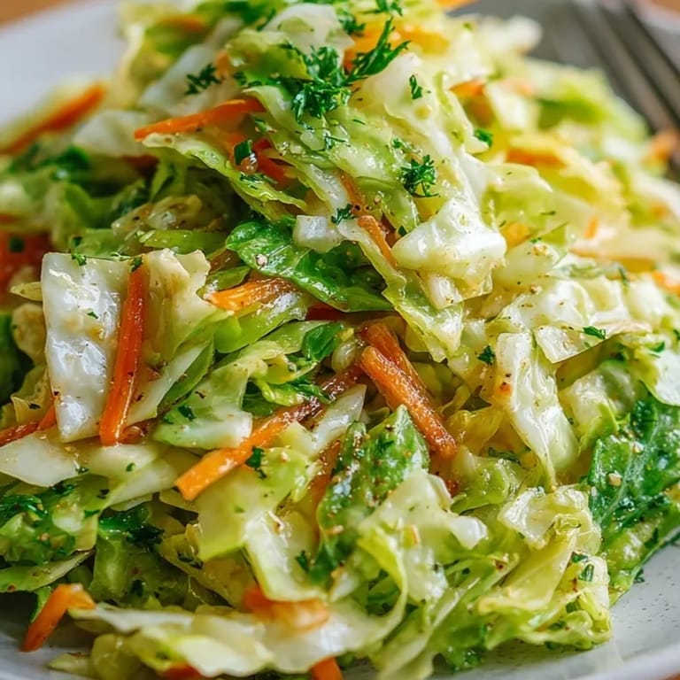 Nahaufnahme von klassischem deutschem Krautsalat: fein geschnittener Kohl in einer hellen, cremigen Soße.