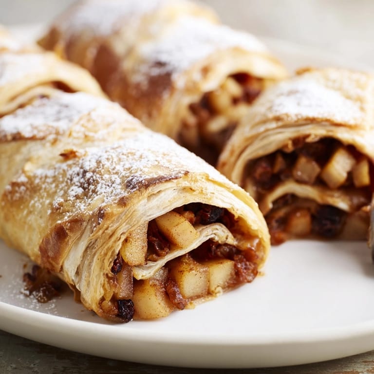 Hausgemachte German Apple Strudel Roll-Ups, perfekt zum Servieren mit Vanilleeis oder Schlagsahne.