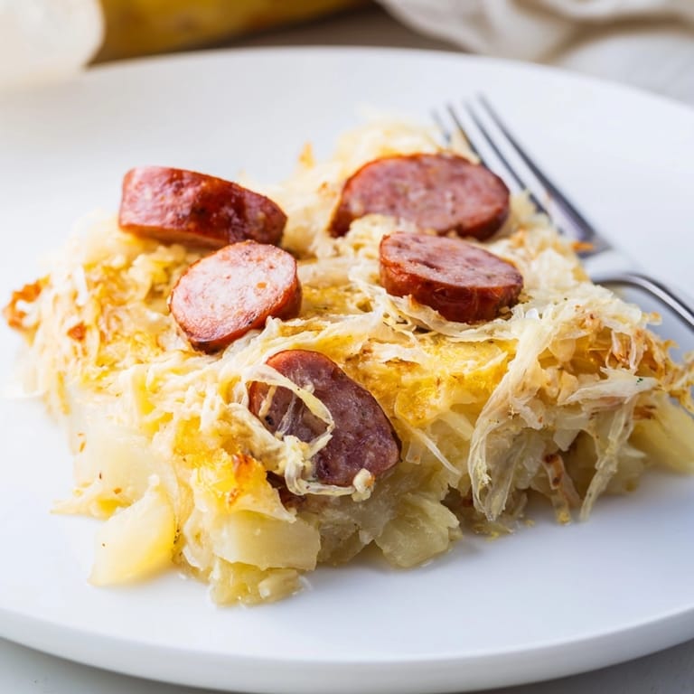 Deftiger Sausage & Sauerkraut Casserole, einfach zuzubereiten mit Wurstscheiben, Sauerkraut und Kartoffeln.