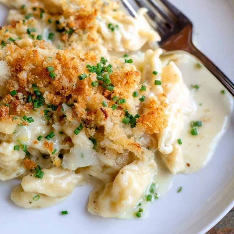 Ein Teller dampfender Käse-Spätzle-Gratin, ein traditionelles, gebackenes deutsches Gericht mit goldgelbem Käse überbacken.