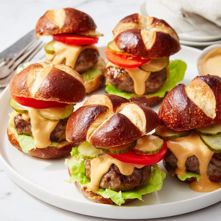 Saftige deutsche Brezel-Slider: Goldene Brötchen bedeckt mit geschmolzenem Senf-Käse über perfekt gebratenem Rindfleisch.