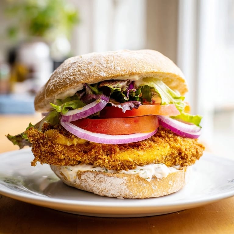 Hausgemachte Kürbis-Schnitzel-Sandwich auf einem weichen Brötchen: Geschmack für Feinschmecker.