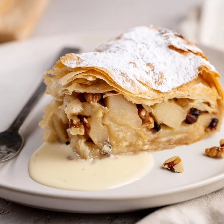 Hausgemachter klassischer Apfelstrudel: Schichten von zarten Äpfeln und Gewürzen in Blätterteig gewickelt.
