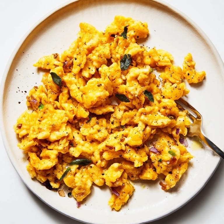 Warme Schüssel Kürbis-Spaetzle, ein gemütliches deutsches Gericht, perfekt für kalte Herbsttage genießen.