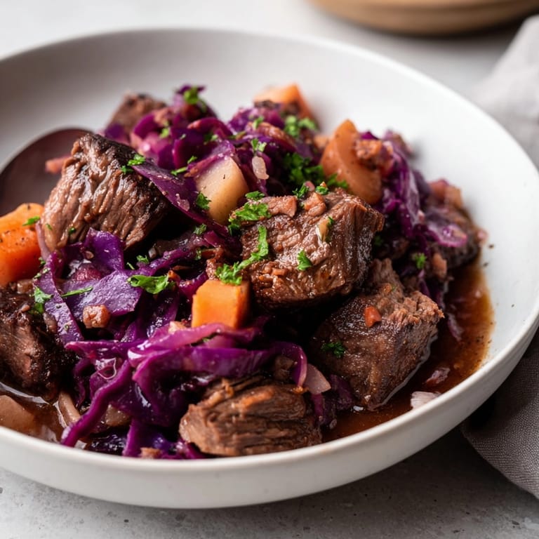 Nahaufnahme von herzhaftem Spiced Red Cabbage & Pork Stew, serviert mit frischer Petersilie. Rustikales, Winter-Wohlfühlessen