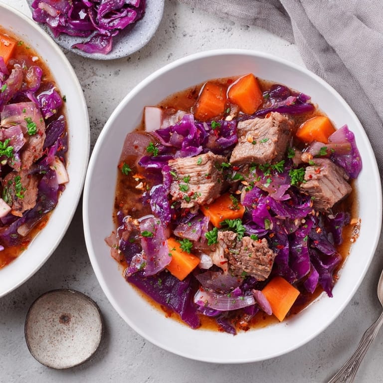 Geschichteter Spiced Red Cabbage & Pork Stew, der die tiefe Farbe und das zarte Fleisch hervorhebt; servierfertig.
