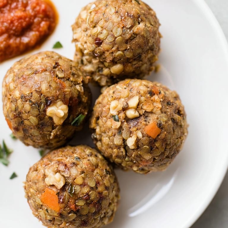 Nahaufnahme von saftigen, selbstgemachten Linsen und Walnuss-Meatballs, dampfend und bereit zum Servieren mit einer frischen Kräutersauce.