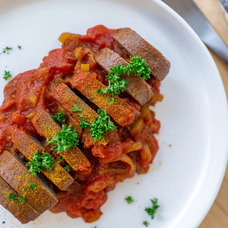 W&uuml;rzige vegane Currywurst mit orientalischen Gew&uuml;rzen ein herzhaftes fleischloses Gericht perfekt f&uuml;r ein schnelles Mittagessen.