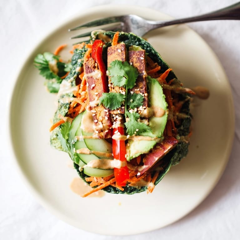 Nahaufnahme von frischen Kale Wraps Stuffed with Marinated Tempeh, perfekt gewickelt und servierfertig.