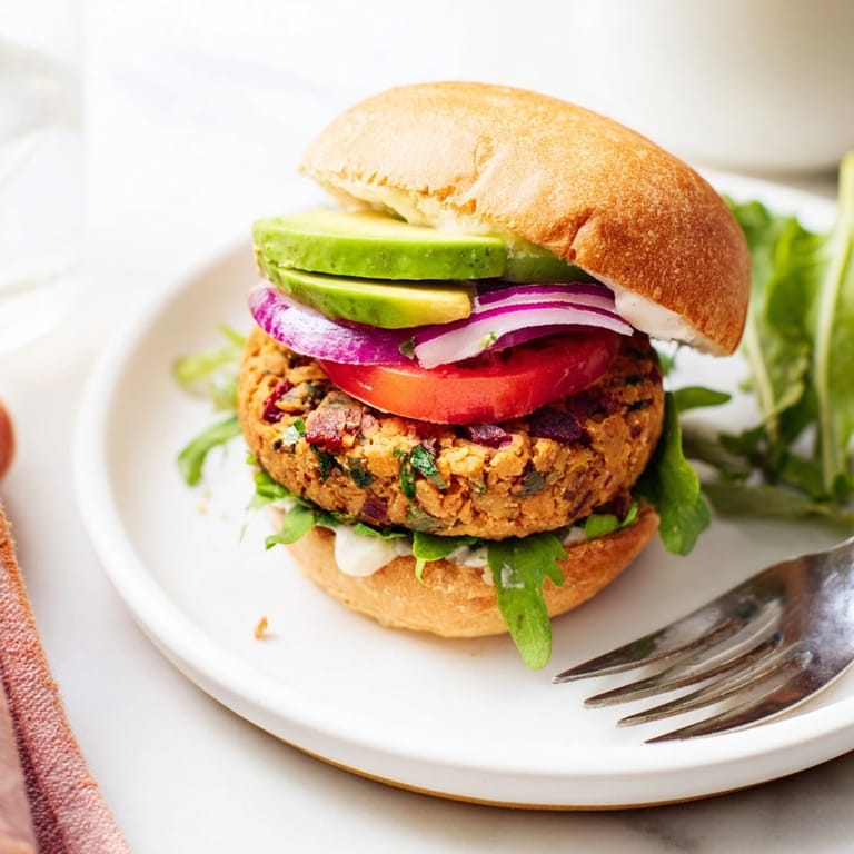 Verkostung eines vegetarischen Kichererbsen-Burgers mit Avocado-Scheiben und getrockneten Tomaten auf einem mit Salat belegten Brötchen.