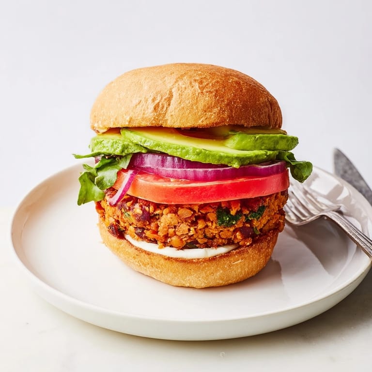 Selbstgemachte Kichererbsenburger mit Avocado und sonnengetrockneten Tomaten auf Buns, servierfertig als köstliches Abendessen.