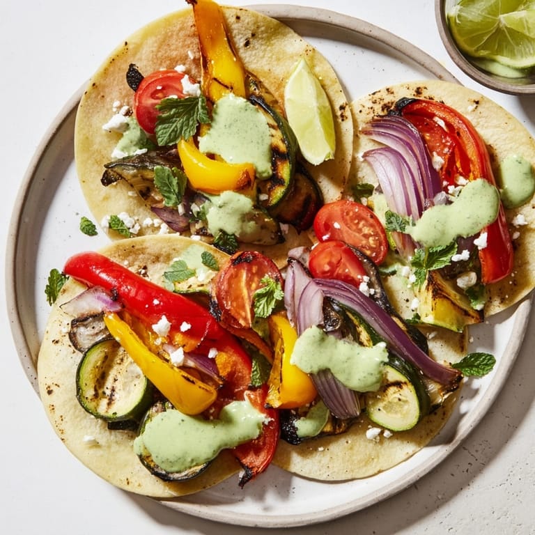Nahaufnahme von appetitlichen, rauchigen Grilled Vegetable Tacos, überzogen mit einer cremigen, frischen Joghurtsauce.