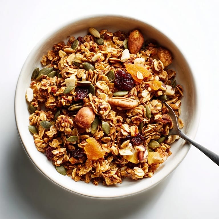 Genießen Sie dieses einfache, gebackene hausgemachte Granola mit Nüssen, Samen und zähem Honig in jedem Bissen.