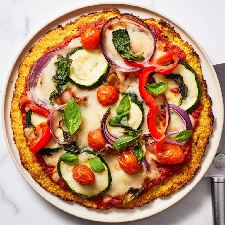 Hausgemachte Kichererbsenmehlpizza mit leuchtendem Bio-Gemüse, eine gesunde und sättigende Mahlzeit.