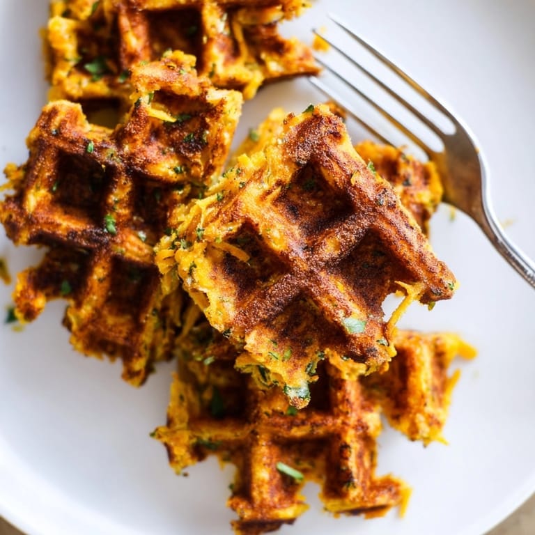 Goldene Savory Sweet Potato Waffles mit zarten Gewürzen, frisch vom heißen Waffeleisen.