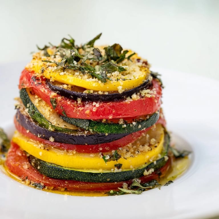 Eine Nahaufnahme der Seasonal Herb Vegetable Tian, ein herzhafter duftender Teller voller sommerlicher Aromen.