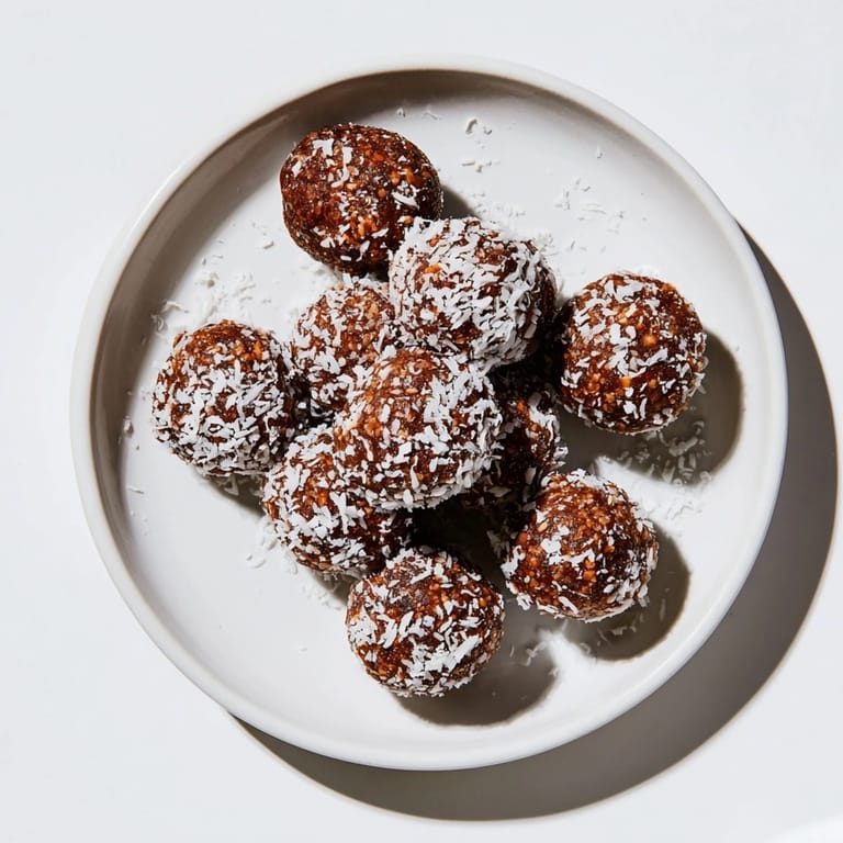 Nahaufnahme von hausgemachten, glutenfreien Energy Bites mit Datteln, fertig zum Genießen nach dem Kühlen.
